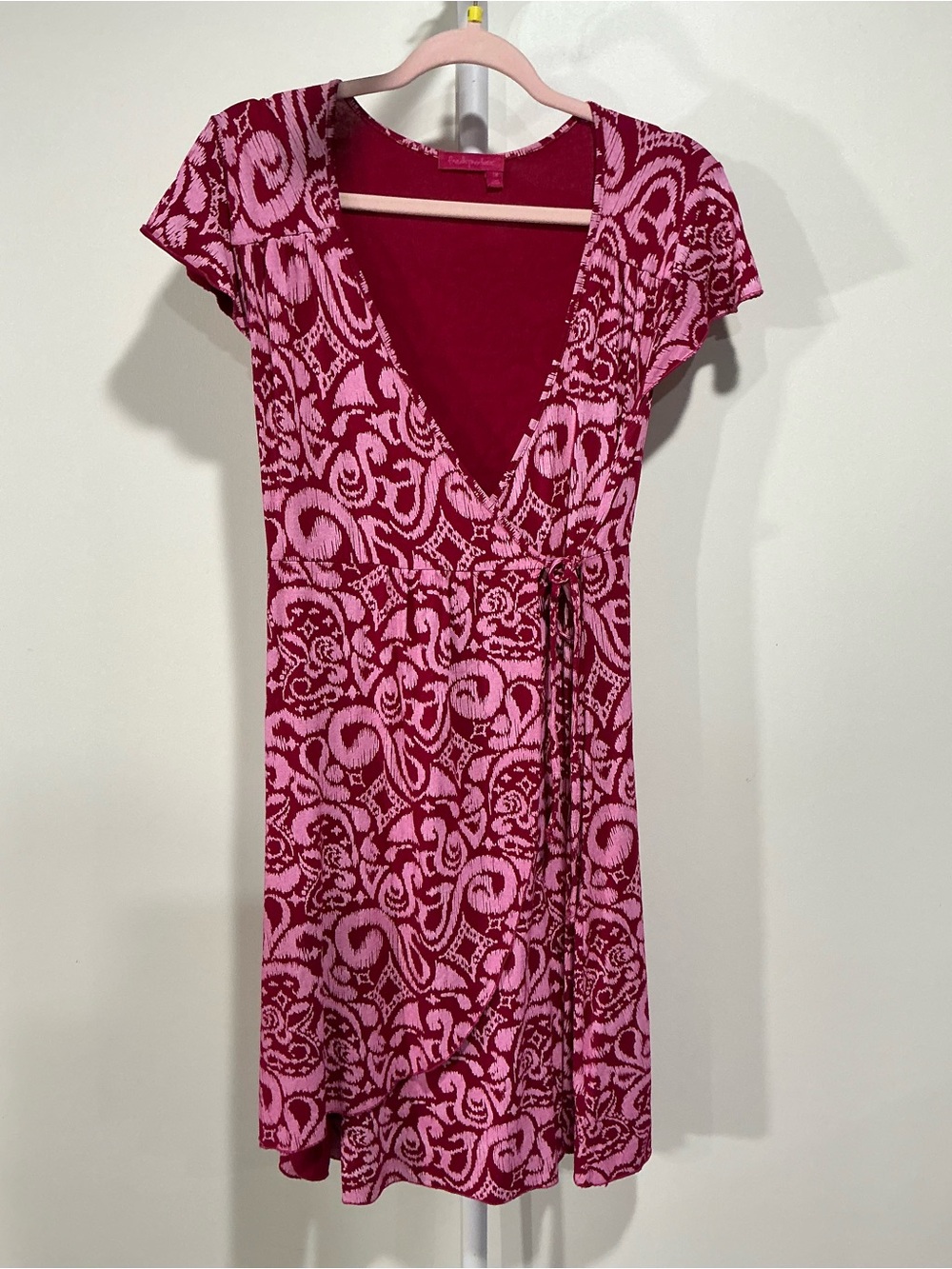 fresh produce Raspberry and Light Pink Wrap-Style Midi Dress